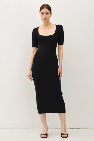 Square Neck Half Sleeve Body Con Sweater Dress Black