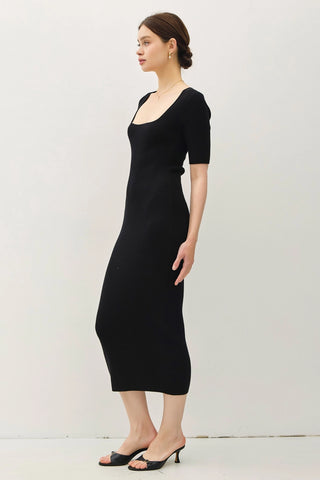 Square Neck Half Sleeve Body Con Sweater Dress Black