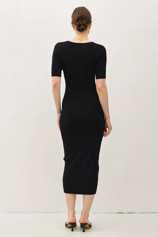 Square Neck Half Sleeve Body Con Sweater Dress Black