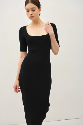 Square Neck Half Sleeve Body Con Sweater Dress Black