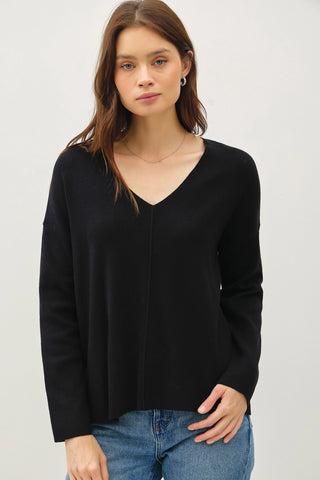 Relaxed V-Neck Sweater with Center Seam Black