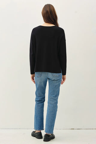 Relaxed V-Neck Sweater with Center Seam Black