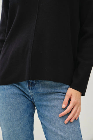 Relaxed V-Neck Sweater with Center Seam Black