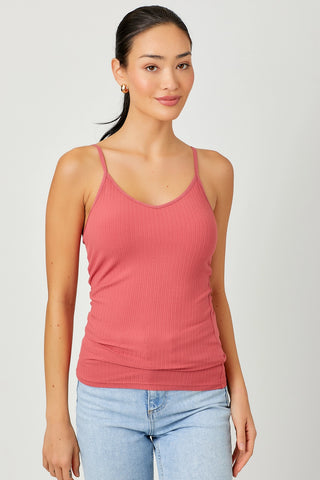 V Neck Ribbed Cami with Adjustable Straps Fashion Spring, Berry