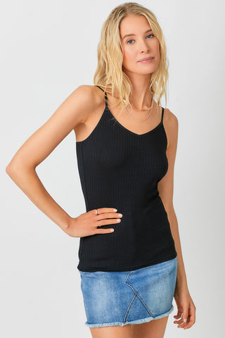 V Neck Ribbed Cami with Adjustable Straps Core, Black