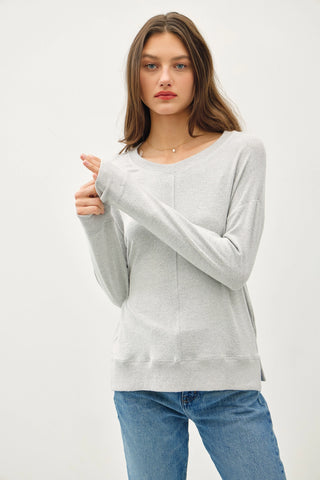 Round Neck Hacci Brush Pullover Knit Top Gray