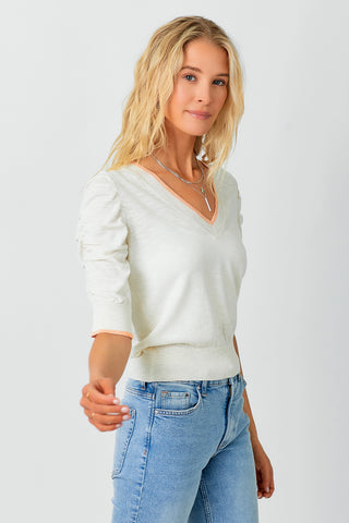 Ruched Sleeve Spring Sweater Cream