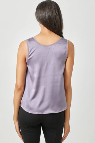 Dressy Scoop Neck Satin Shell with Mesh Trim Lavender