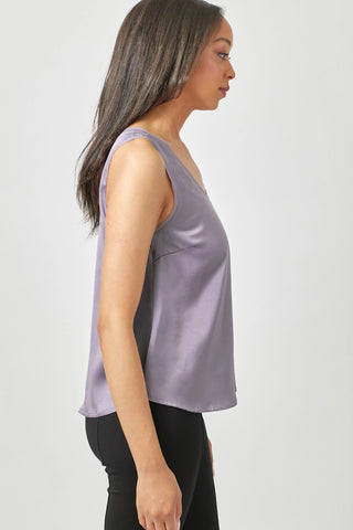 Dressy Scoop Neck Satin Shell with Mesh Trim