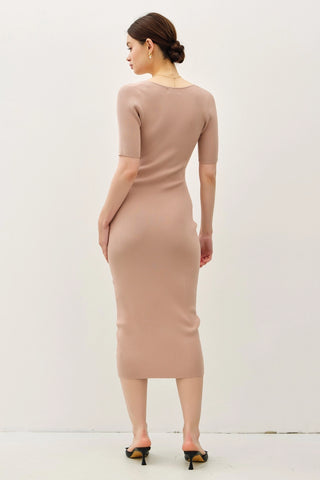 Square Neck Half Sleeve Body Con Sweater Dress Taupe