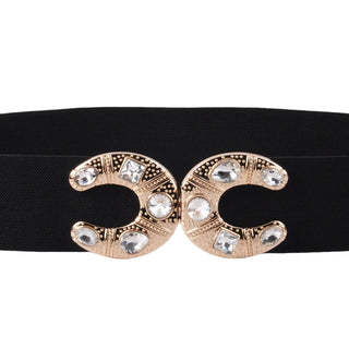 Vintage Inspired Dressy Elastic Waist Belt Interlocking Gold Metal Statement Buckle Curved with Rhinestones