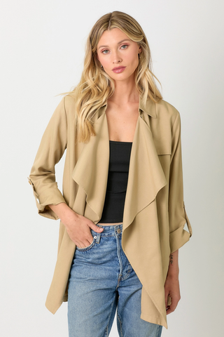 Tencel Draped Lightweight Blazer Trench Coat Latte