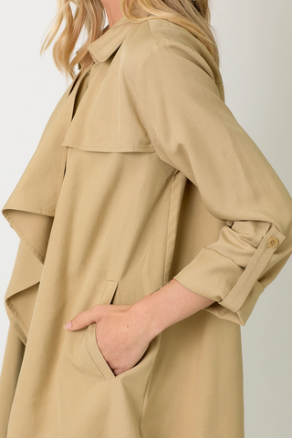 Tencel Draped Lightweight Blazer Trench Coat Latte