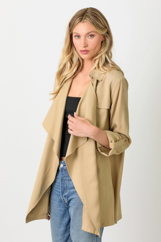 Tencel Draped Lightweight Blazer Trench Coat Latte