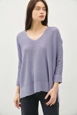 V-Neck Dolman Sleeve W. Roll Cuff Sweater Slate Blue