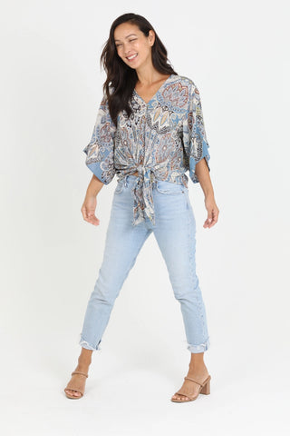 V-Neck Kimono Sleeve Tie Waist Paisley Blouse  Blue