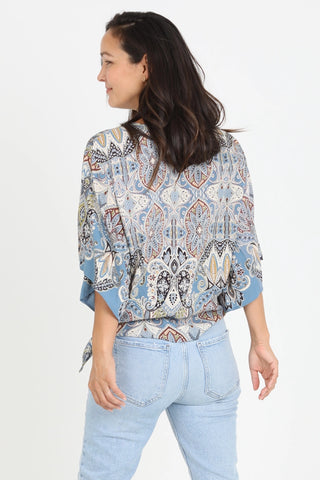 V-Neck Kimono Sleeve Tie Waist Paisley Blouse  Blue