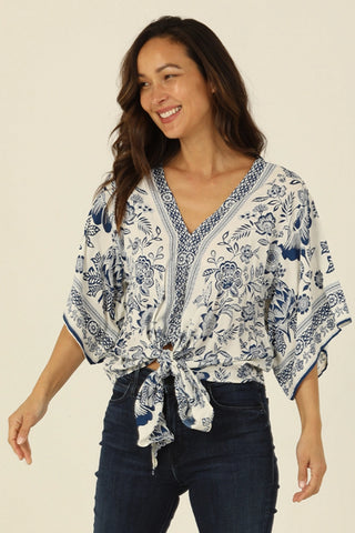 Kimono Sleeve Tie Waist Grecian Floral Blouse White/Blue