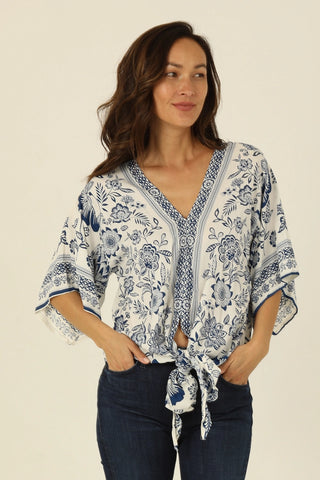 Kimono Sleeve Tie Waist Grecian Floral Blouse White/Blue