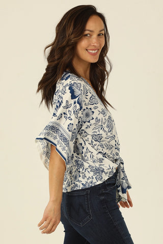 Kimono Sleeve Tie Waist Grecian Floral Blouse White/Blue