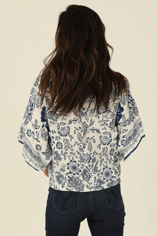 Kimono Sleeve Tie Waist Grecian Floral Blouse White/Blue