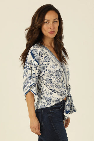 Kimono Sleeve Tie Waist Grecian Floral Blouse White/Blue