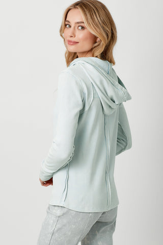 Hooded Thermal Spring Top Raw Hem Long Sleeve Shirt, Washed Ice Blue