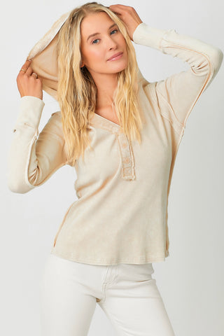 Hooded Thermal Spring Top Raw Hem Long Sleeve Shirt, Washed Sand