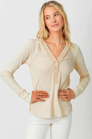 Hooded Thermal Spring Top Raw Hem Long Sleeve Shirt, Washed Sand