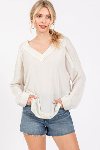 Reverse Seam Comfort Fit V-Neck Long Sleeve TopOff White