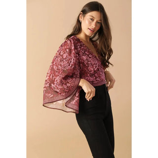 Kimono Sleeve Plunge Floral Crop Top Ruby