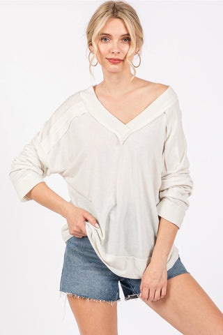 Reverse Seam Comfort Fit V-Neck Long Sleeve TopOff White