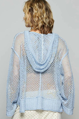Star Printed Crochet Sweater with Hood and Step Hem Blue