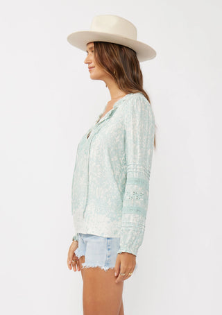 Light Teal Floral Split Neck Long Sleeve Blouse w/ Embroidered Cut Work