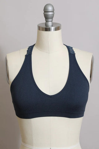 Padded Ribbed Lace Racerback Bralette, Blue Gray