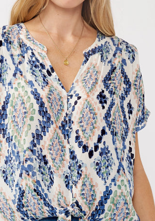 Blue Pastel Ikat Short Sleeve Top Button-Down Blouse