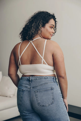 Floral Cut-Out Seamless Crop Top Bralette with High Neck and CrissCross Back, Ivory
