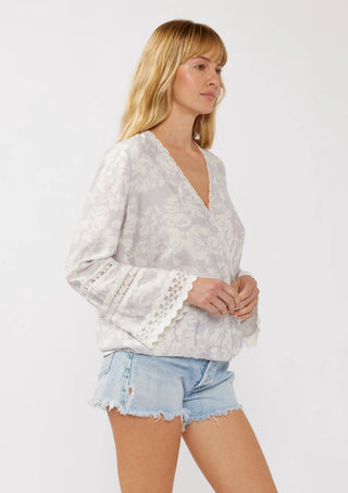 Floral Challis Surplice Top with Lace Trumpet Sleeve Dove/Lavender