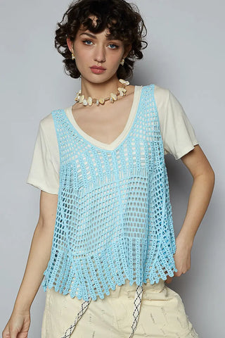 Sky Blue Crochet Sweater Tank with Curved Hem