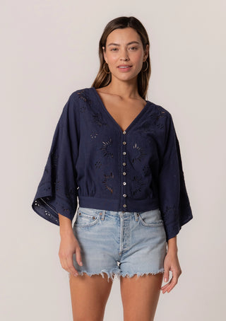 Kimono Sleeve Cropped Embroidered Eyelet Blouse Navy