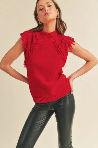 Sleeveless Cable Knit Red Fringe Sweater