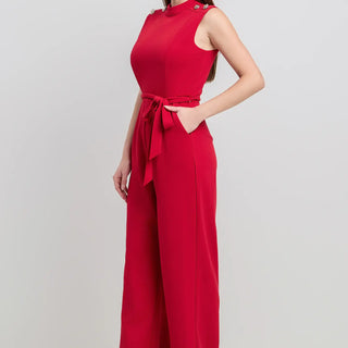 Mock Neck Crepe Red Jumpsuit w/ Gold Buttons