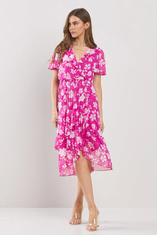 Mesh Faux Wrap Floral High Low Ruffled Dress Fuchsia