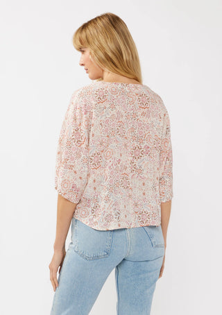 Short Sleeves Kimono Tie-Front Top Natural/Dusty Pink