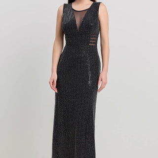 Mesh Glitter Black Gown  w/ Side Cut Outs