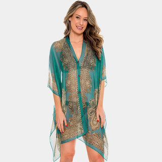 Button Detail Paisley Print Cape Kimono, Teal