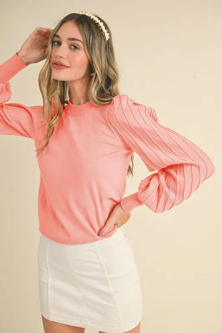 Pullover Striped Texture Balloon Sleeve Lightweight Sweater, Peach Coral