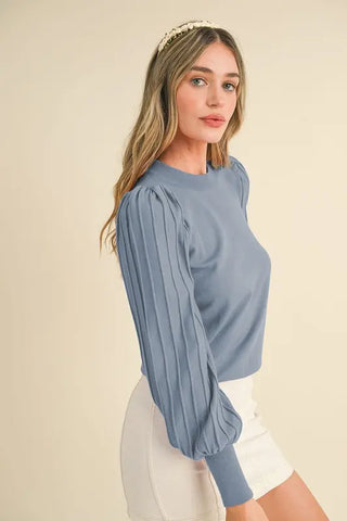 Pullover Striped Texture Balloon Sleeve Lightweight Sweater, Marble Blue