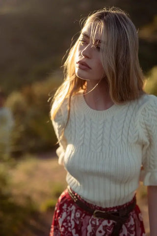 Ruffle Cable Knit Puff Sleeve Sweater Ivory