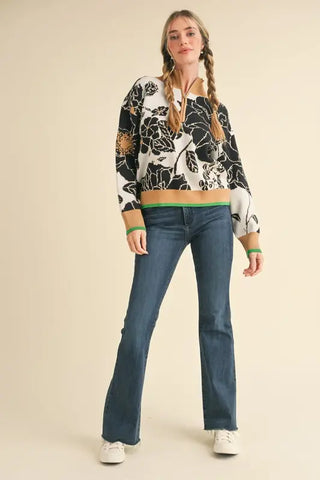 Half Zip Knit Floral Sweater Camel/Black